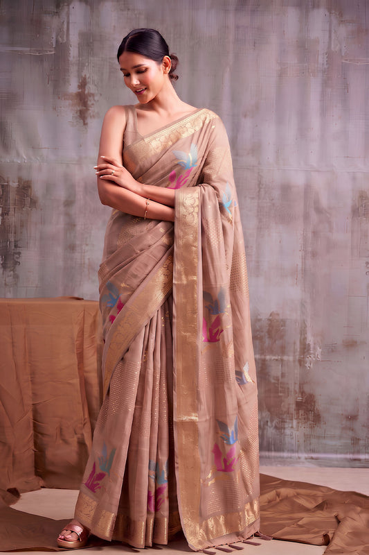 Beautiful Peach Linen Cotton Woven Designer Saree