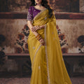 Stunning Mustard Yellow Organza Heavy Motif Sequins Hand Work Saree for Women