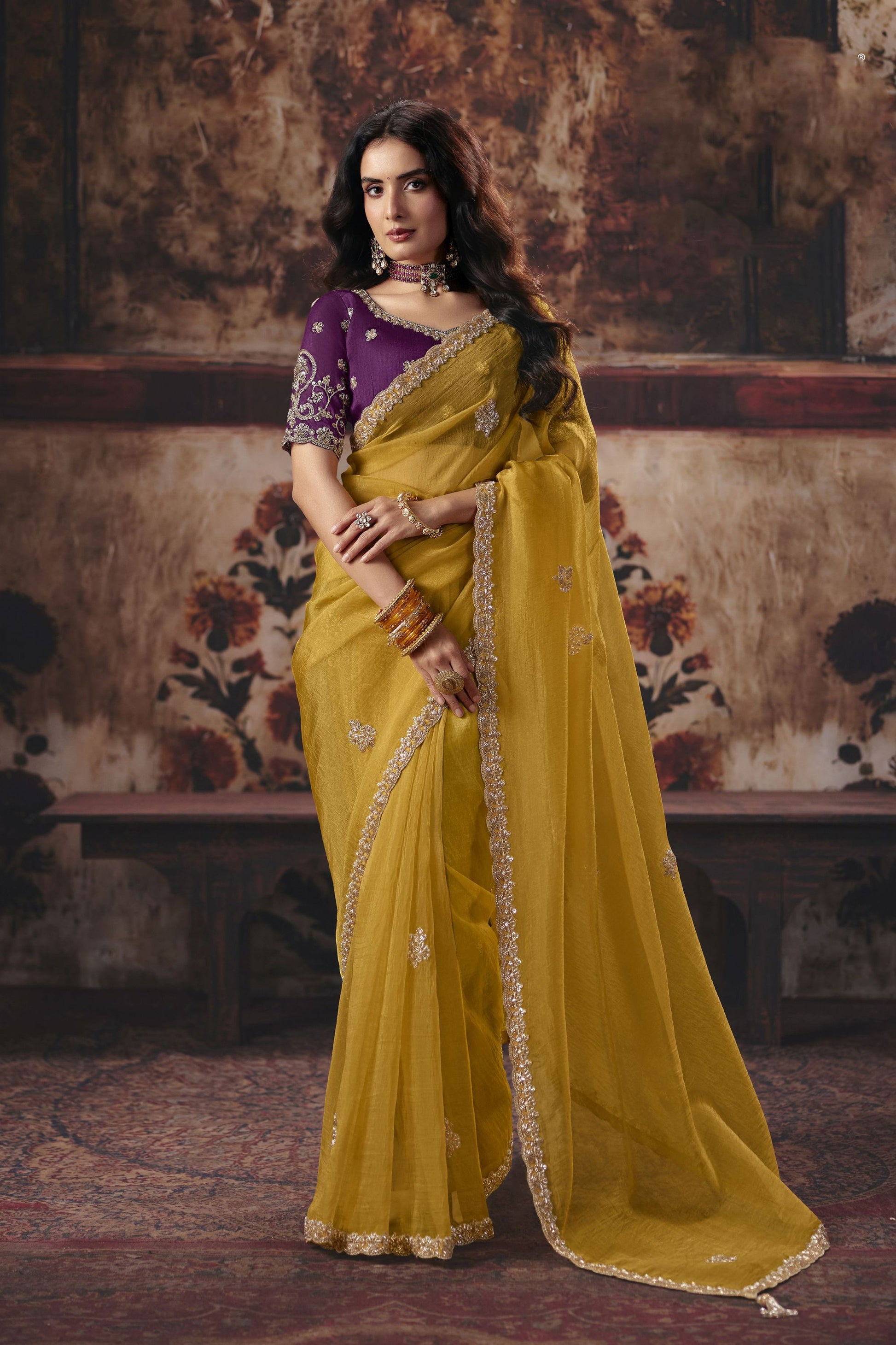 Stunning Mustard Yellow Organza Heavy Motif Sequins Hand Work Saree for Women