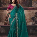 Stylish Teal Green Bemberg Embroidered Saree Sequin Border for Women