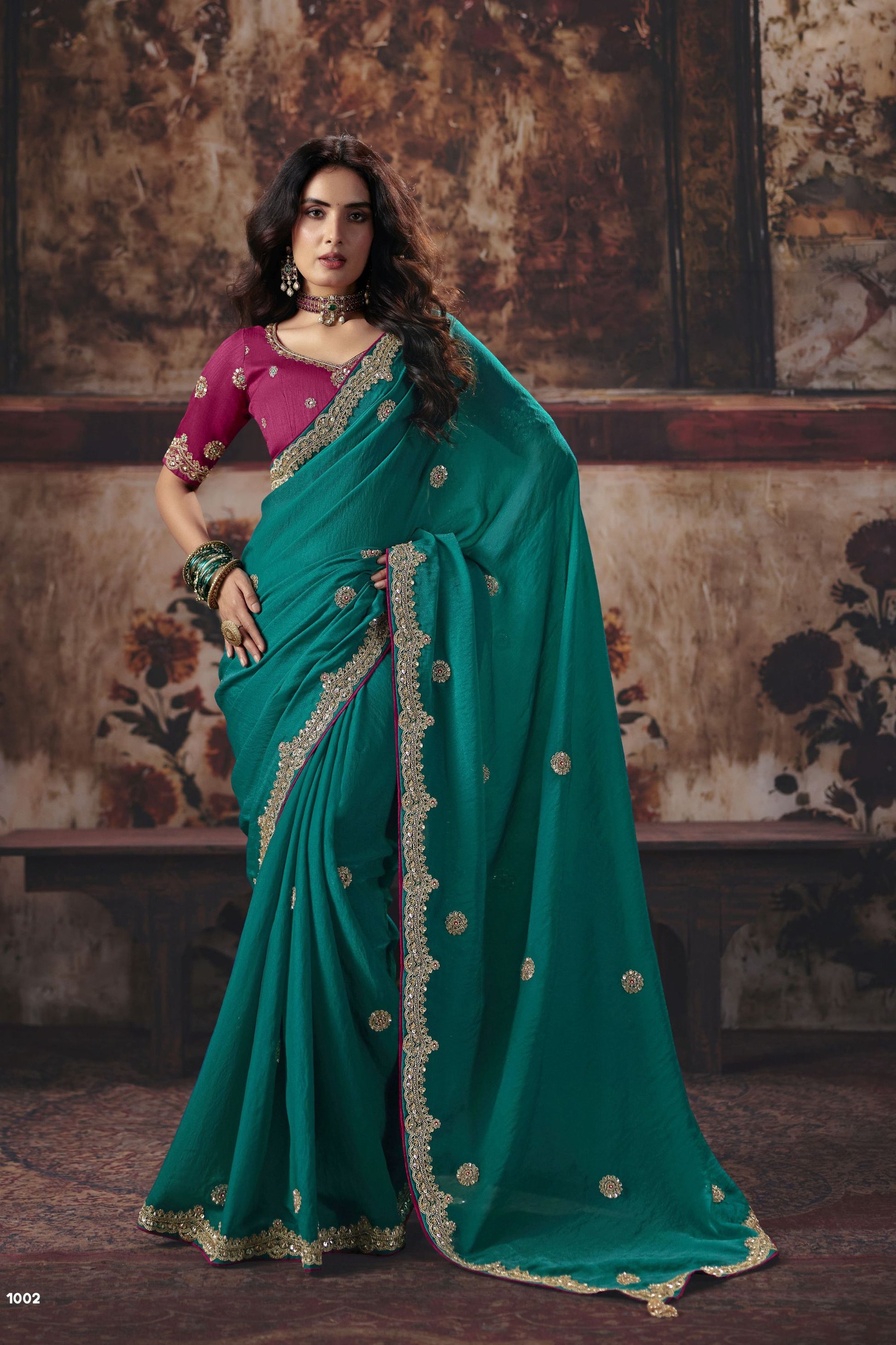 Stylish Teal Green Bemberg Embroidered Saree Sequin Border for Women