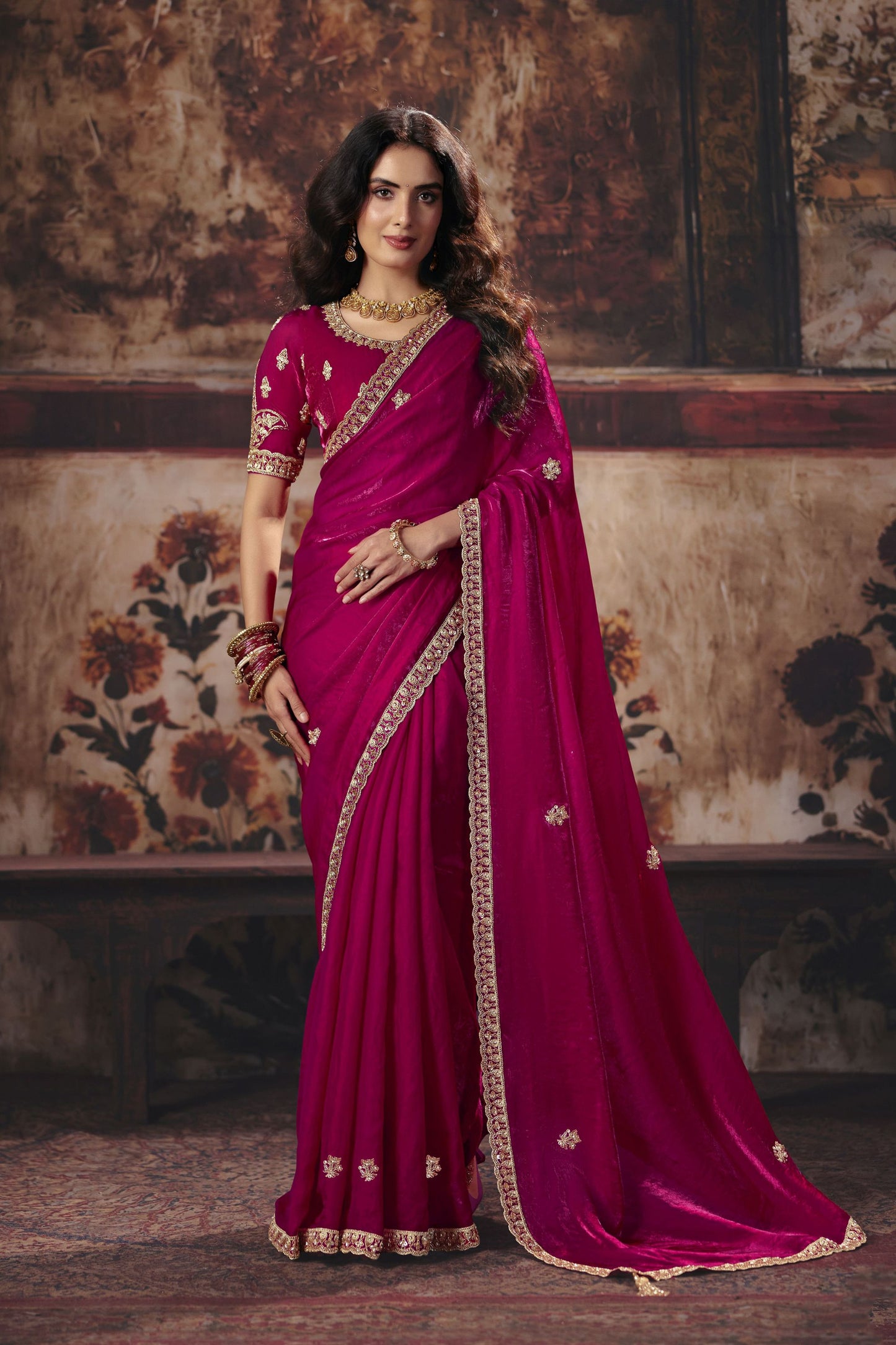 Stunning Rani Pink Fendy Satin Embroidered Saree Sequin Border for Women