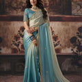 Grateful Sky Blue Fendy Satin Saree Embroidered Blouse Sequin Border for Women
