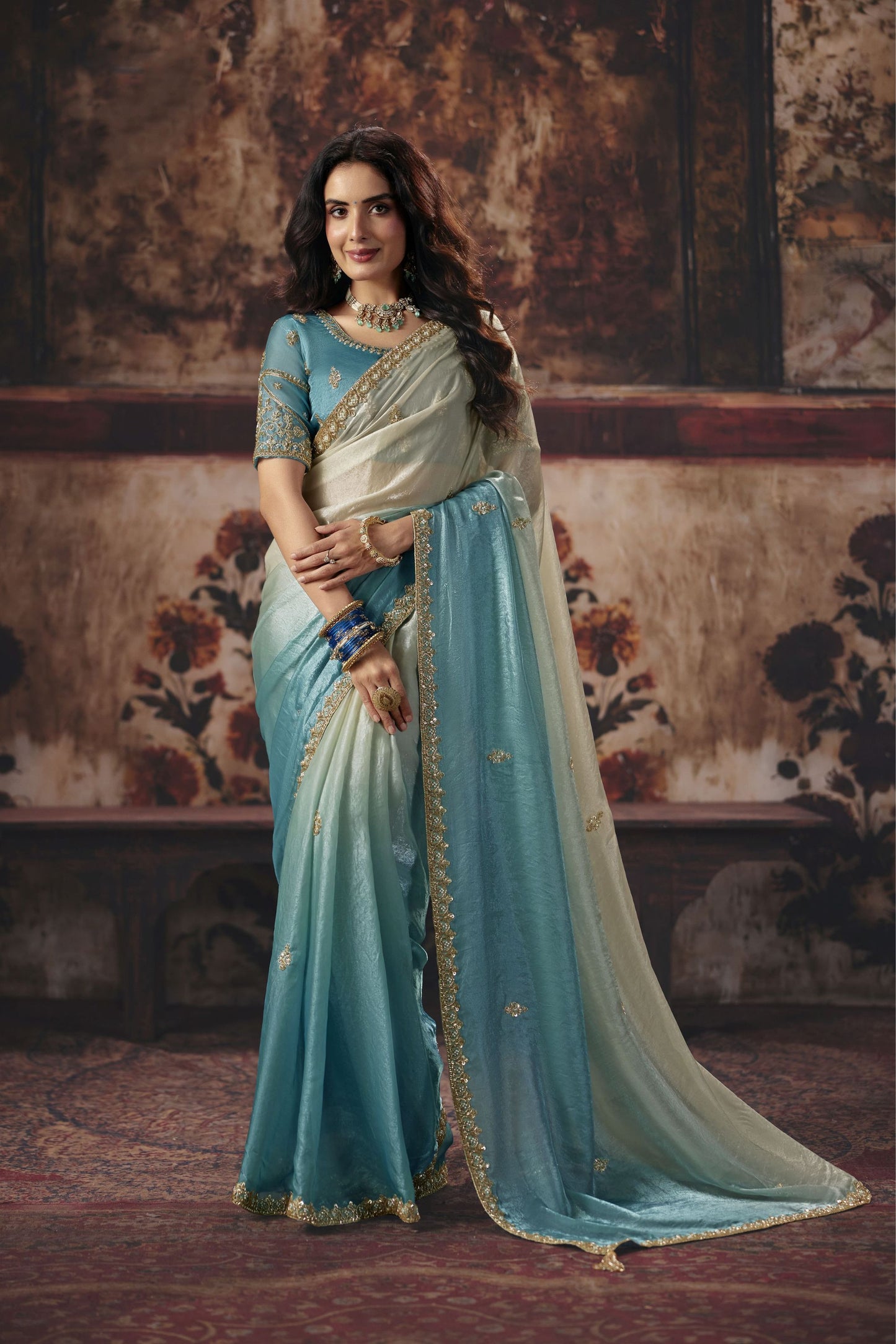 Grateful Sky Blue Fendy Satin Saree Embroidered Blouse Sequin Border for Women