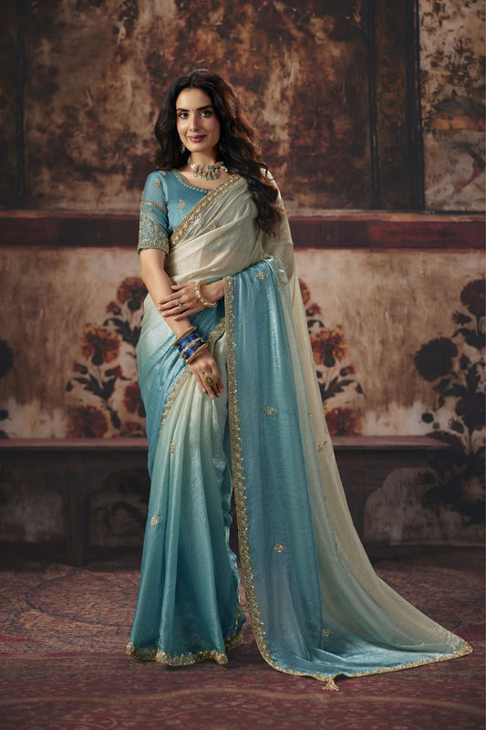 Grateful Sky Blue Fendy Satin Saree Embroidered Blouse Sequin Border for Women