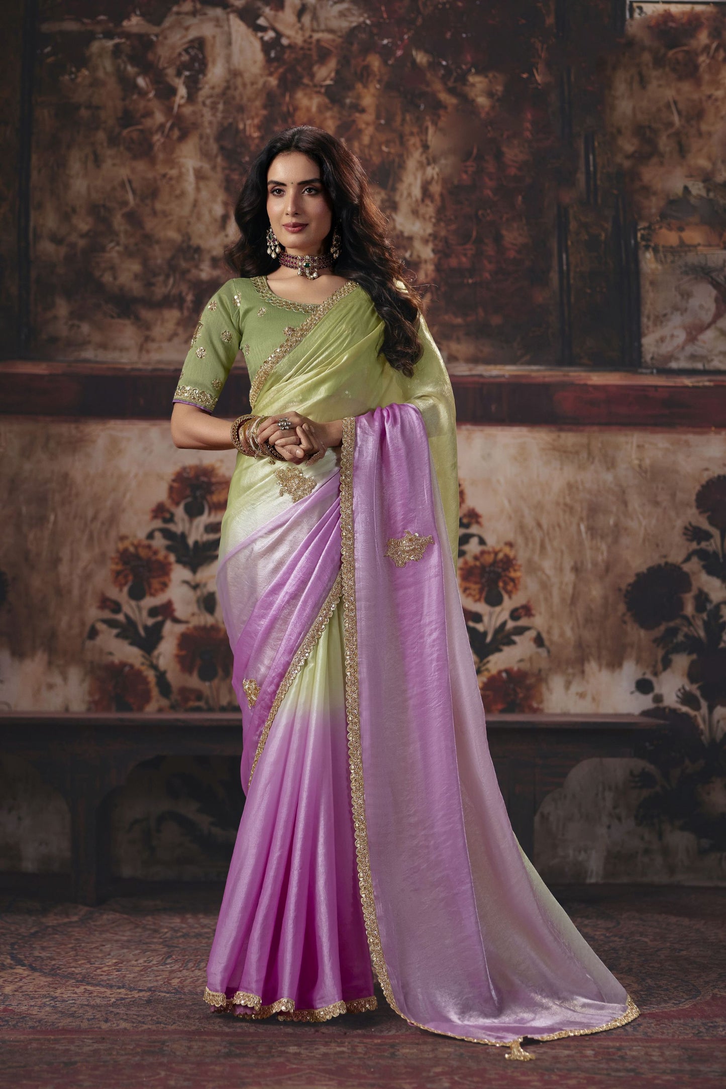 Graceful Lavender Fendy Satin Embroidered Saree Sequin Border for Women