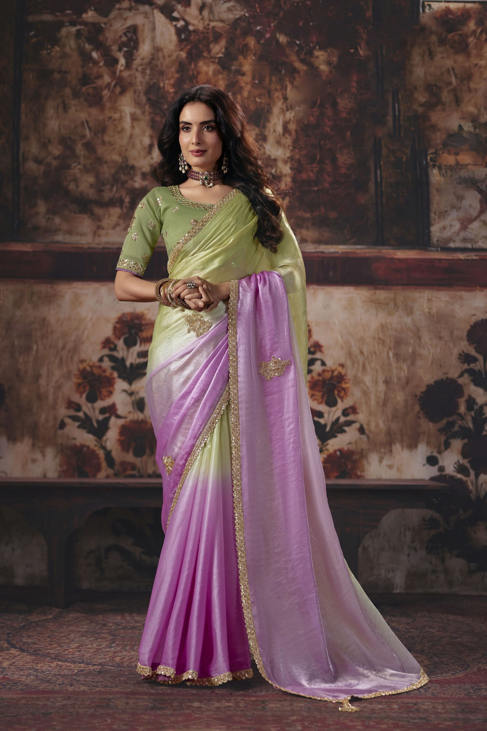 Graceful Lavender Fendy Satin Embroidered Saree Sequin Border for Women
