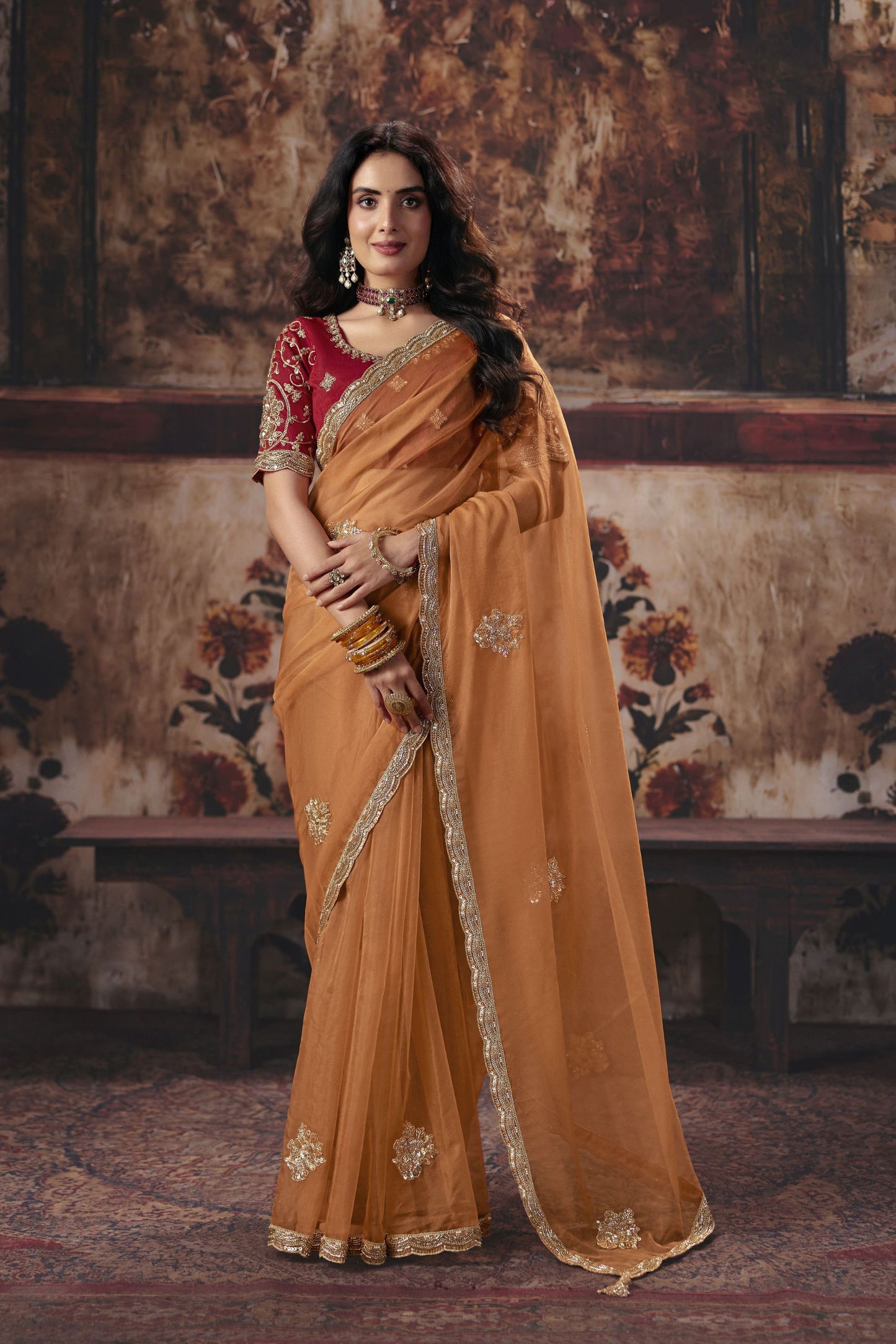 Vibrant Rust Orange Organza Heavy Motif Crystal Beads Sequins Saree for Women