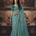 Beautiful Teal Green Organza Embroidered Saree Sequin Border for Women