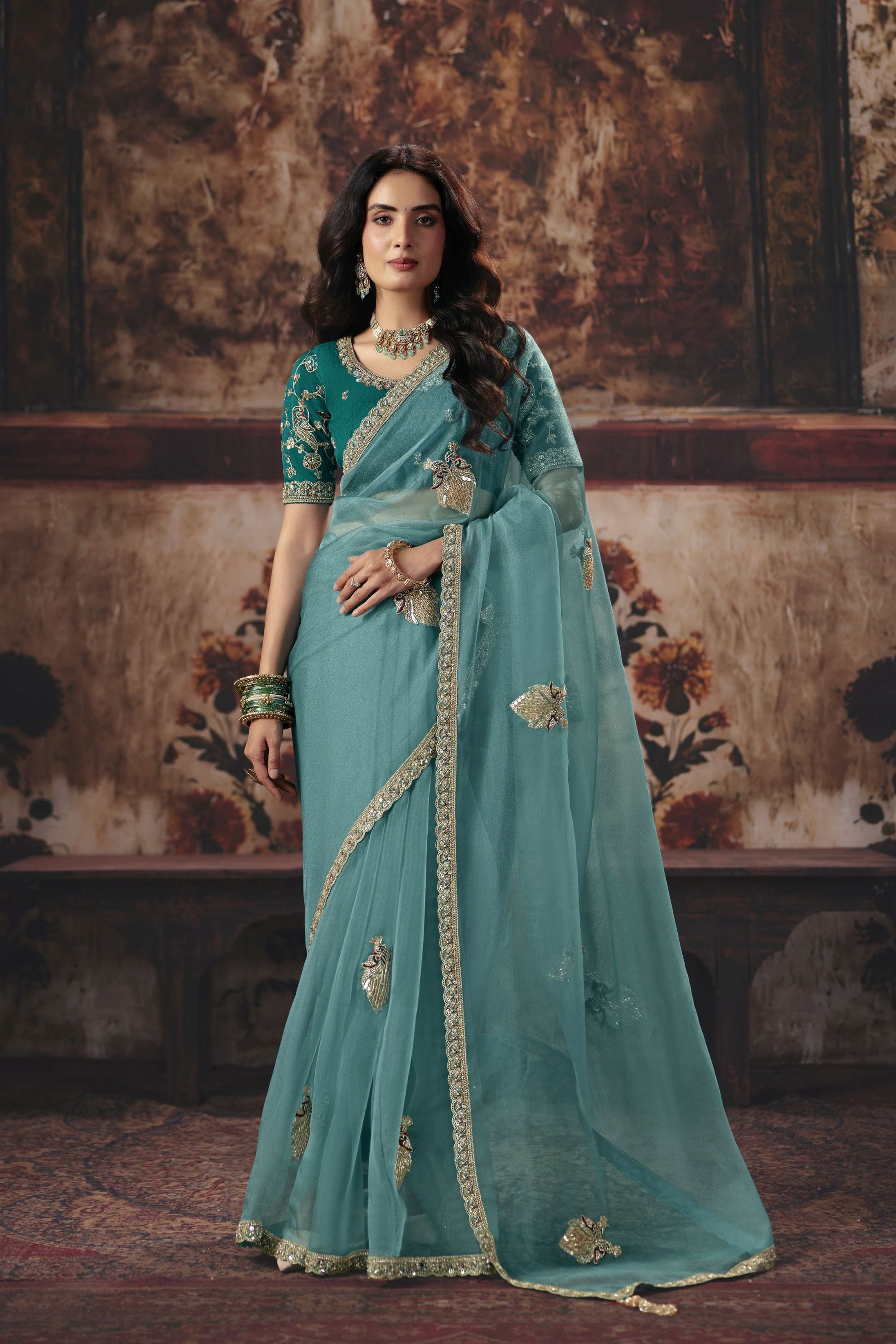 Beautiful Teal Green Organza Embroidered Saree Sequin Border for Women