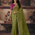 Gorgeous Olive Green Organza Embroidered Saree Sequin Border for Women