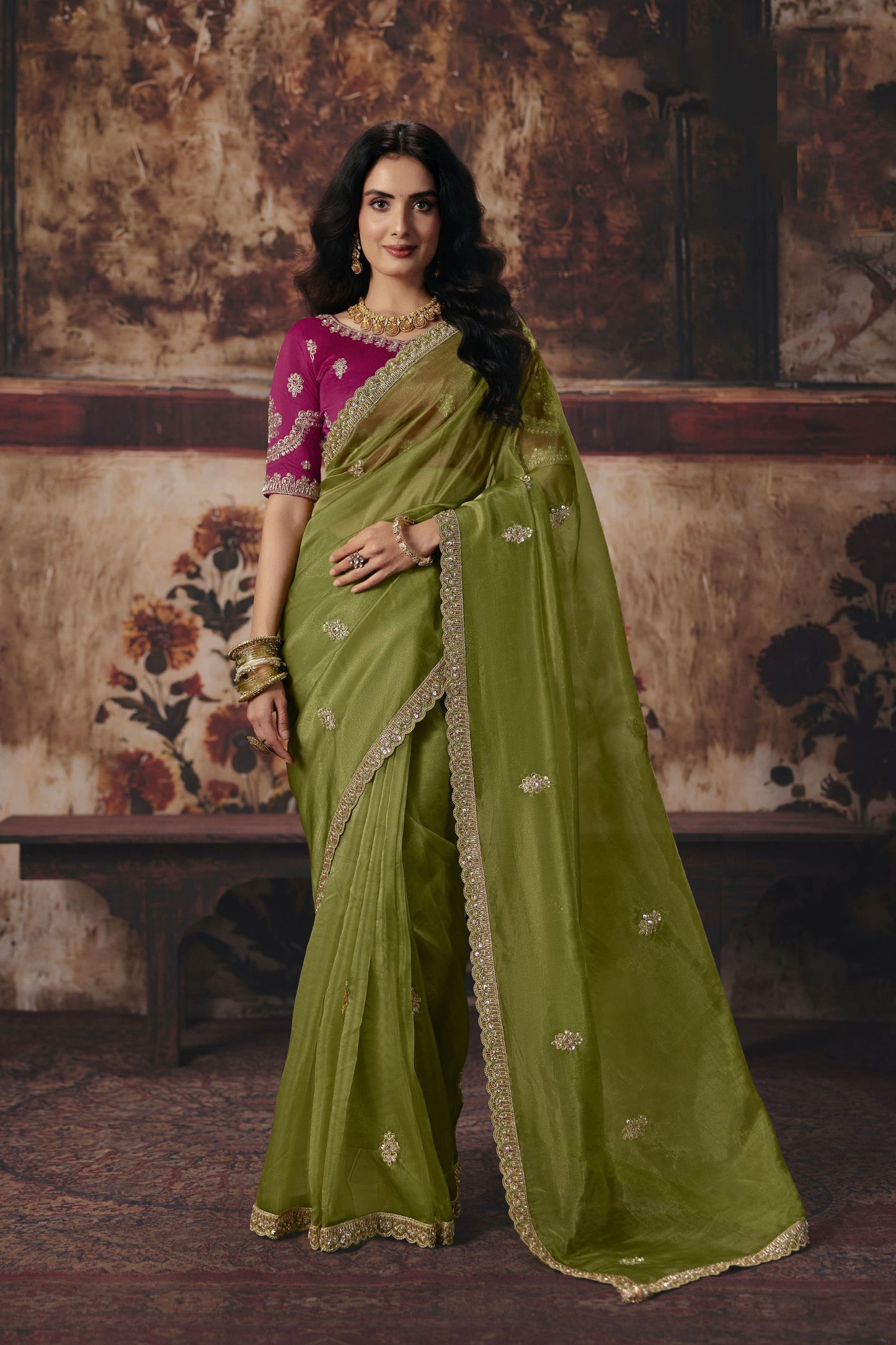 Gorgeous Olive Green Organza Embroidered Saree Sequin Border for Women