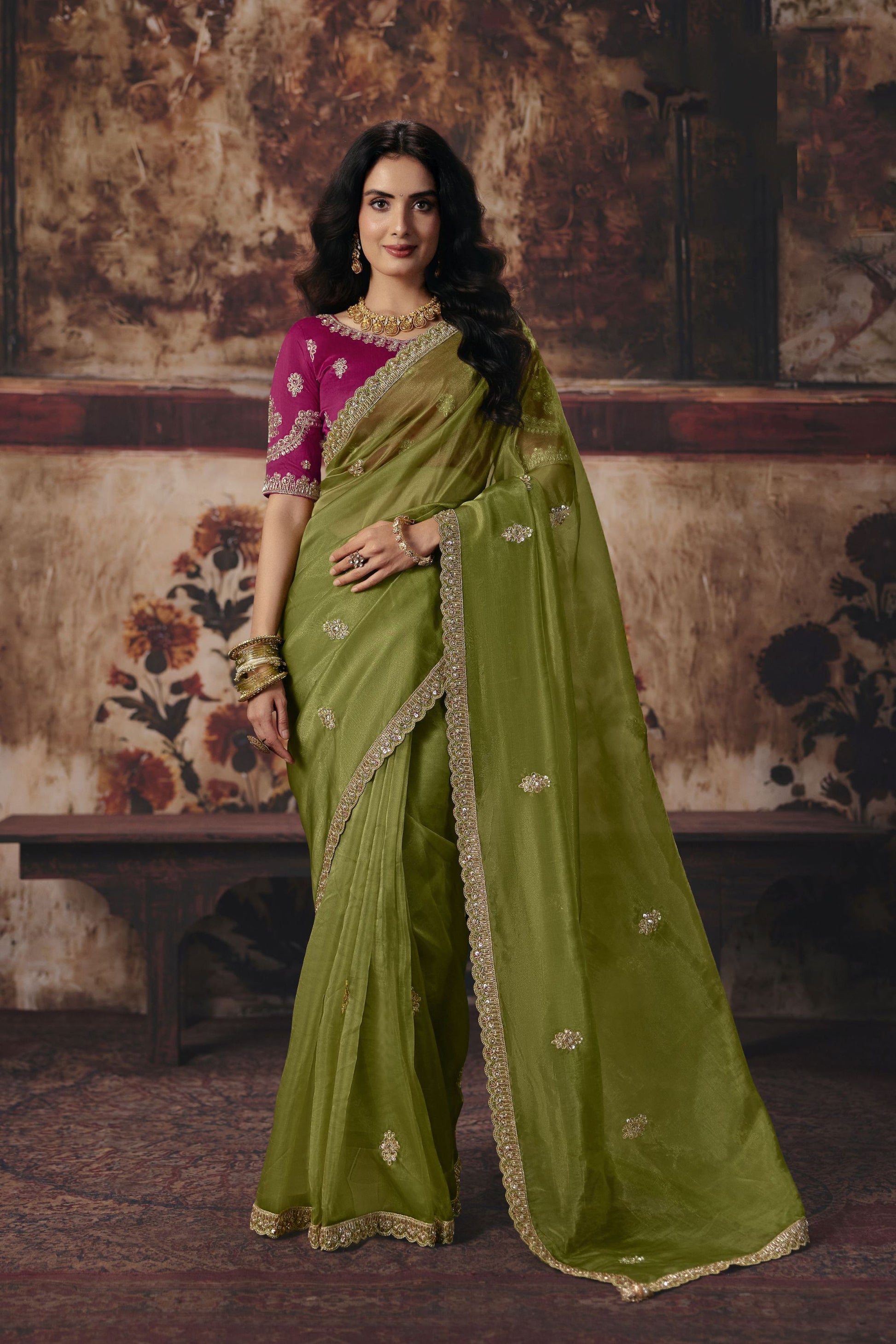 Gorgeous Olive Green Organza Embroidered Saree Sequin Border for Women