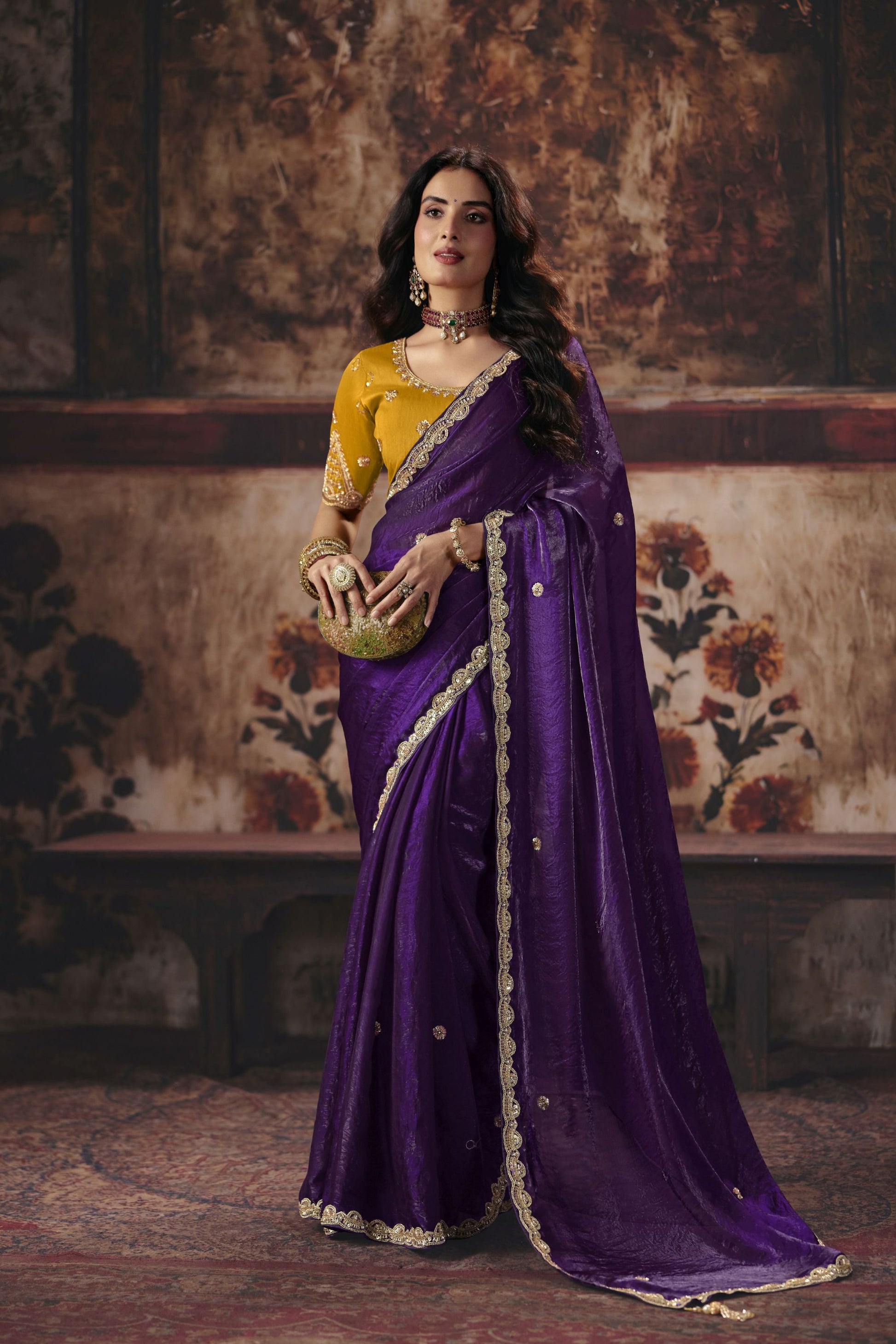 Stylish Purple Fendy Satin Embroidered Saree Sequin Border for Women