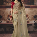 Elegant Beige Fendy Satin Embroidered Saree Zari Border For Women