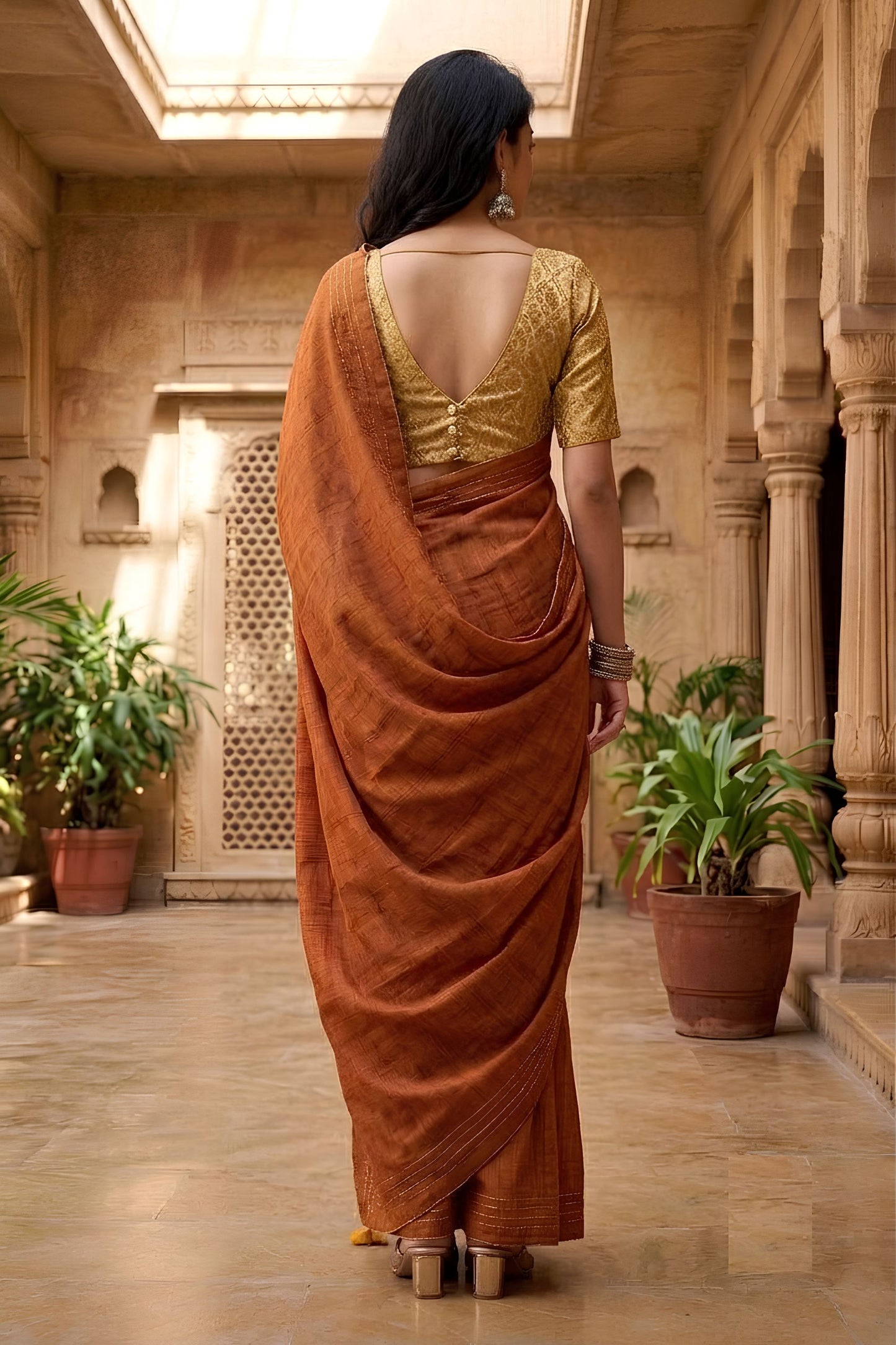 Grateful Rust Brown Tissue Woven Designer Saree with Contrast Border