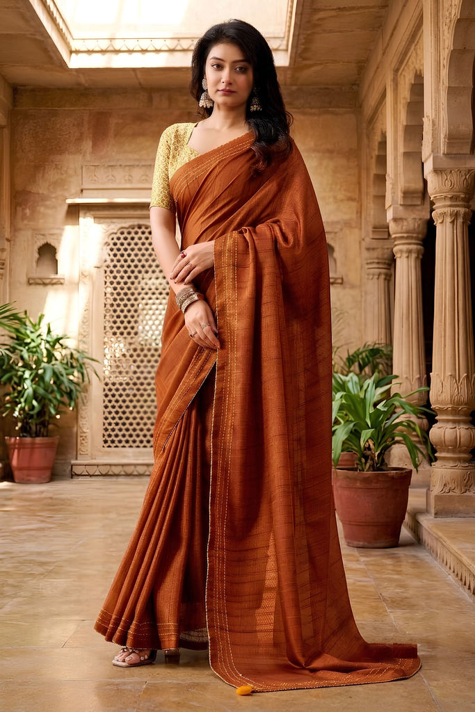 Grateful Rust Brown Tissue Woven Designer Saree with Contrast Border