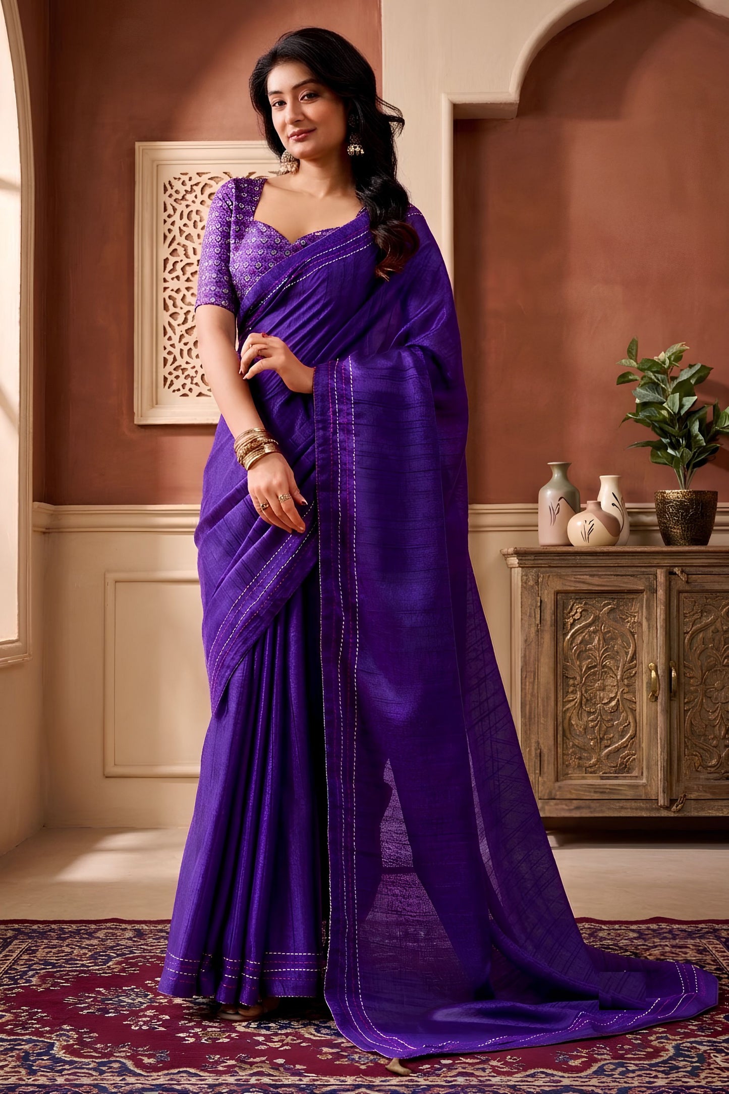 Graceful Purple Tissue Woven Designer Saree for Women with Contrast Border