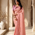 Gorgeous Peach Tissue Woven Designer Saree for Women with Contrast Border