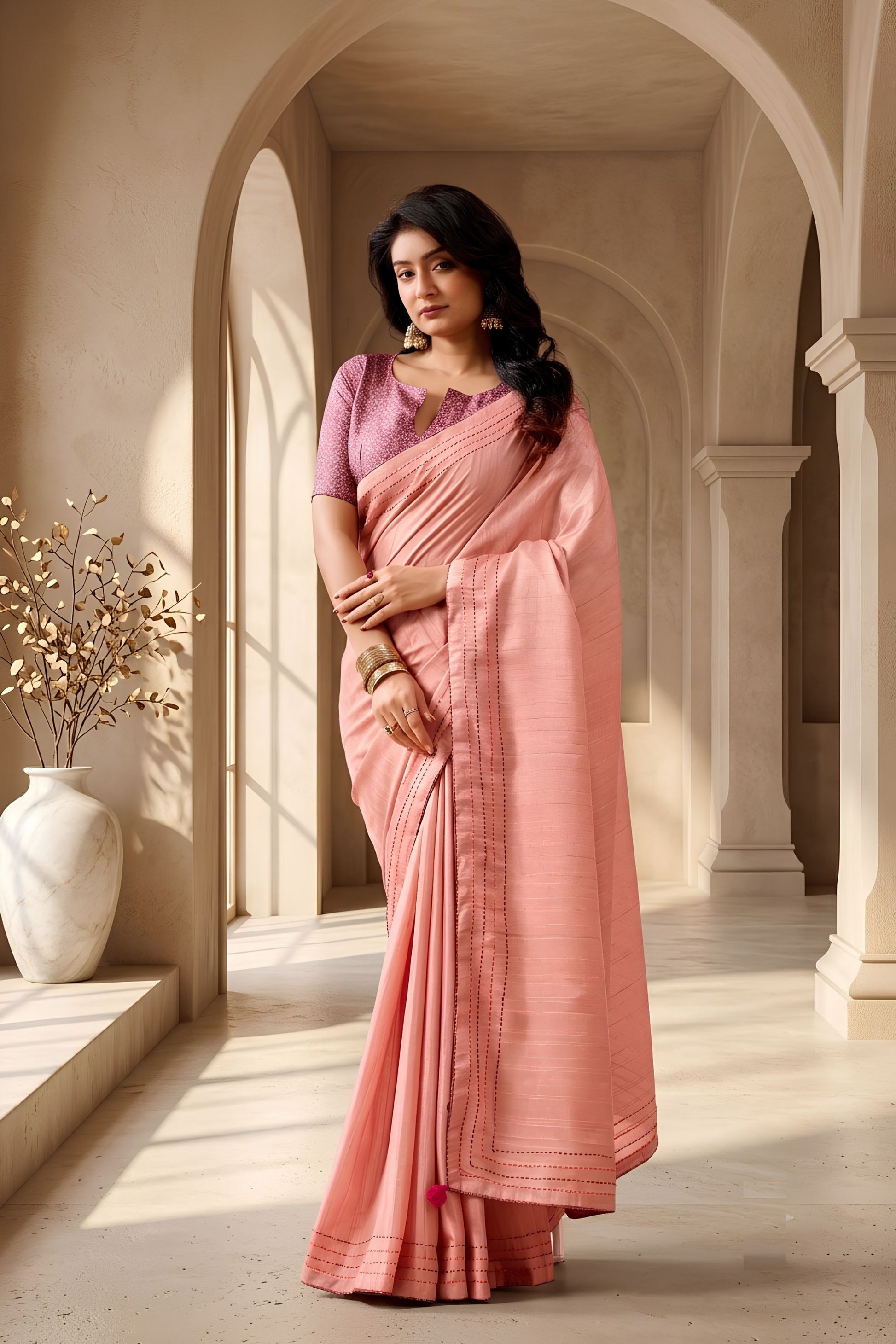 Gorgeous Peach Tissue Woven Designer Saree for Women with Contrast Border