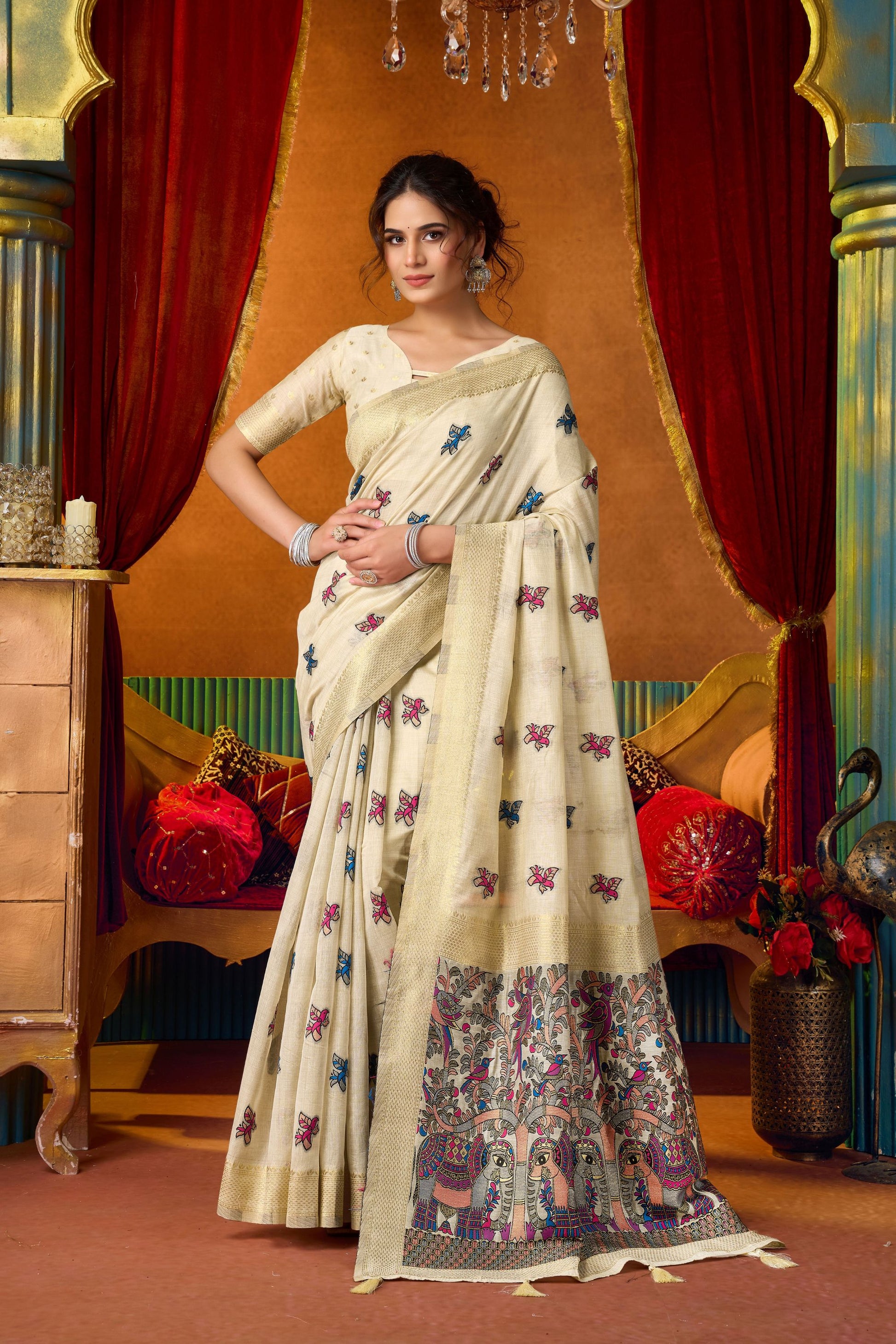 Elegant Cream Modal Silk Woven Katha Designer Saree for Women