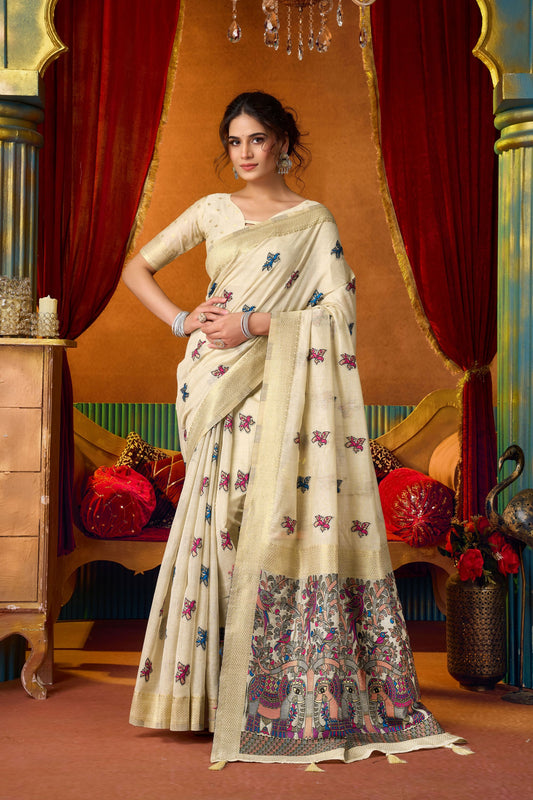 Elegant Cream Modal Silk Woven Katha Designer Saree for Women