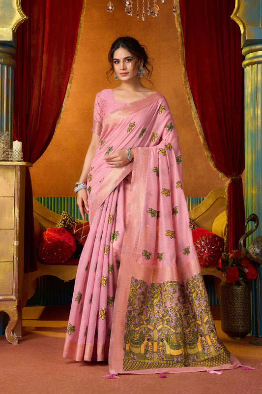 Beautiful Pink Modal Silk Woven Katha Designer Saree for Women