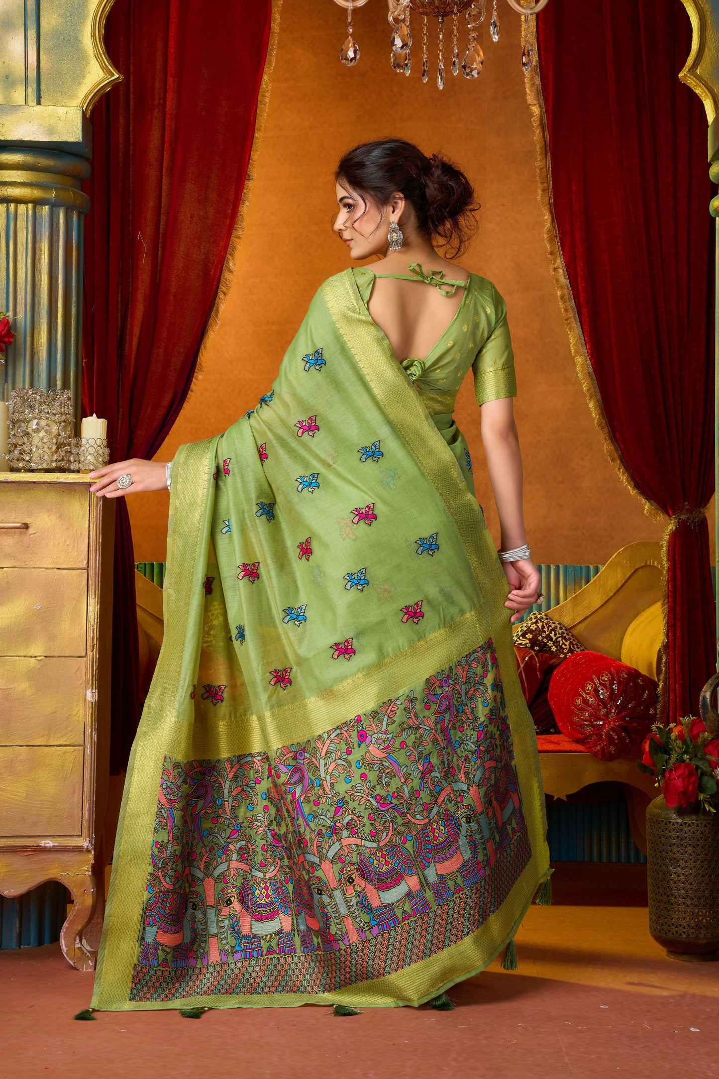 Stylish Pastel Green Modal Silk Woven Katha Designer Saree for Women