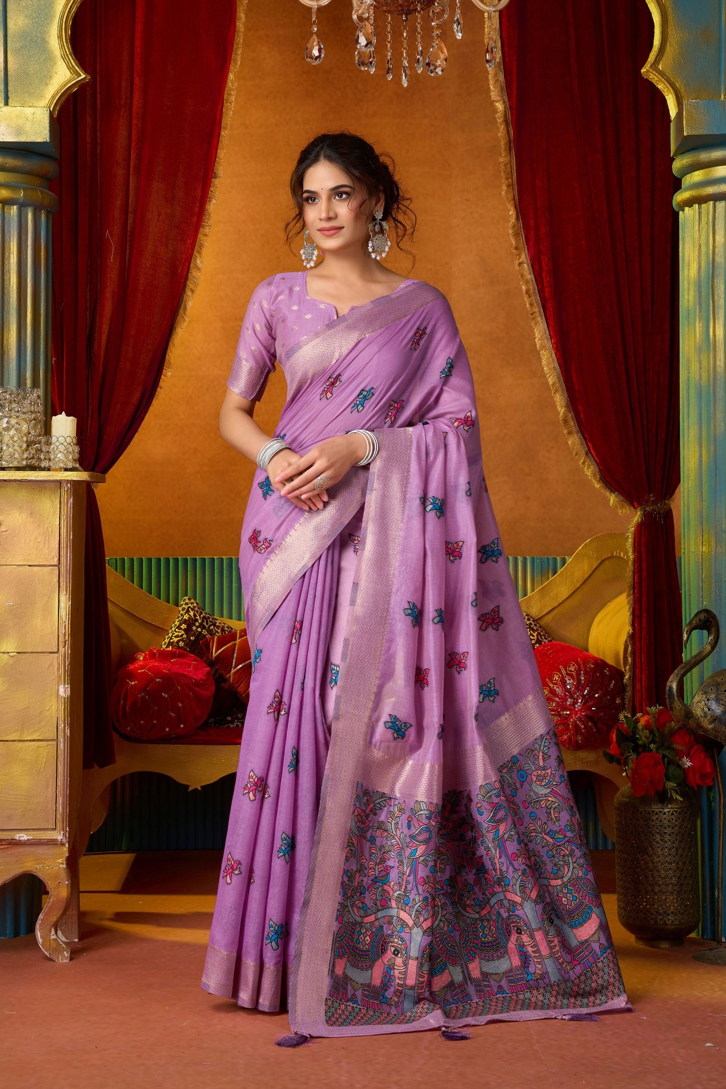 Stunning Lavender Modal Silk Woven Katha Saree for Women