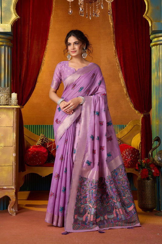 Stunning Lavender Modal Silk Woven Katha Saree for Women