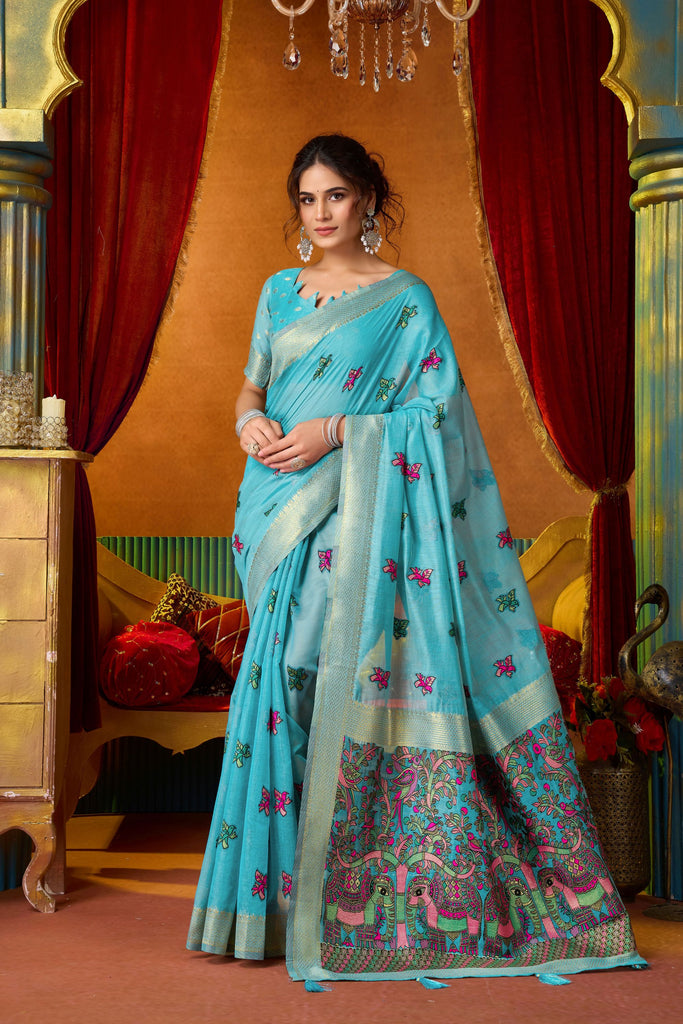 Royal Sky Blue Modal Silk Woven Katha Saree for Women
