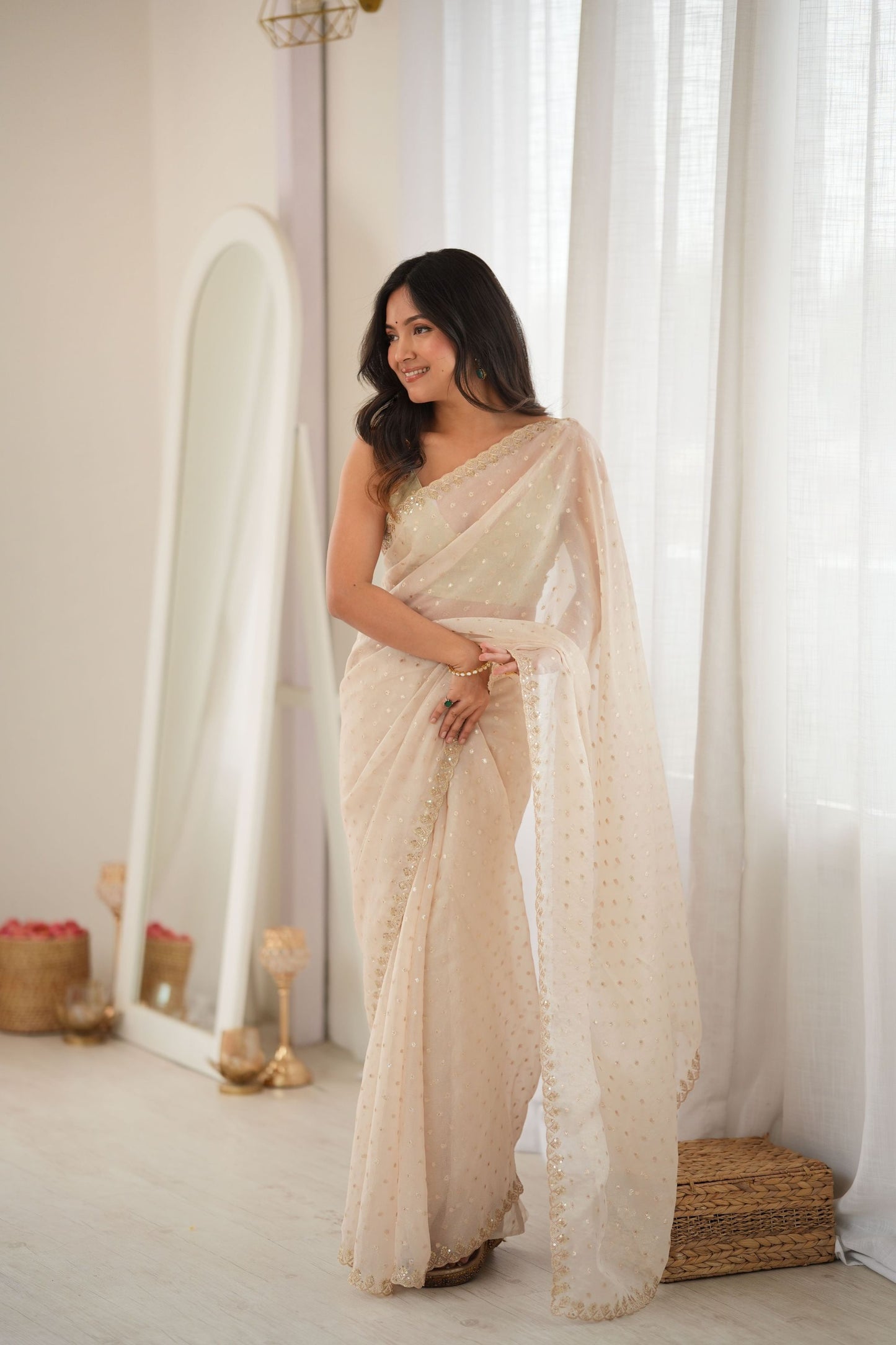 Elegant Cream Moss Butti Woven Butti Designer Saree Embroidery Work for Women