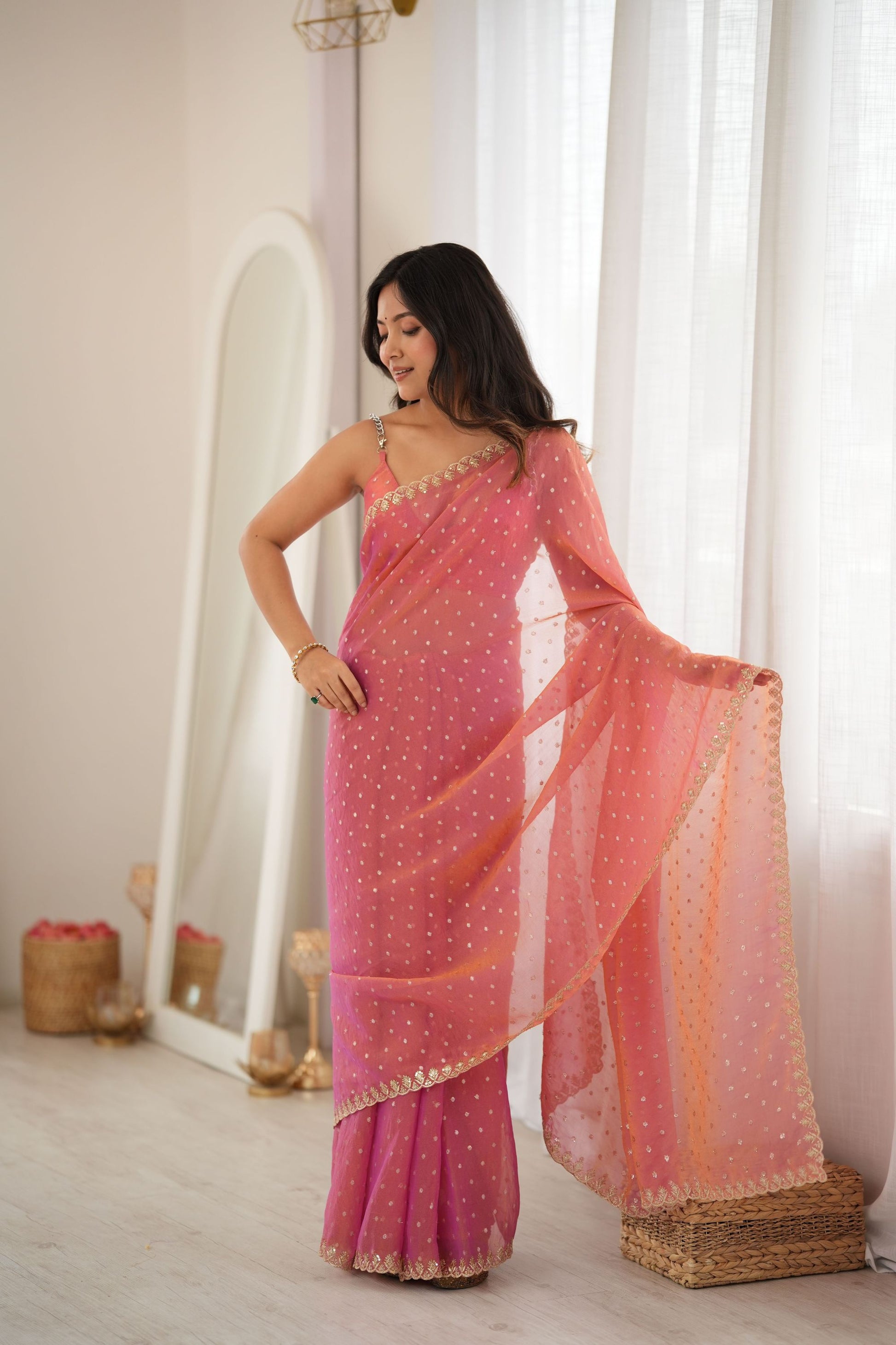 Gorgeous Rani Pink Moss Butti Woven Butti Saree Embroidery Work for Women