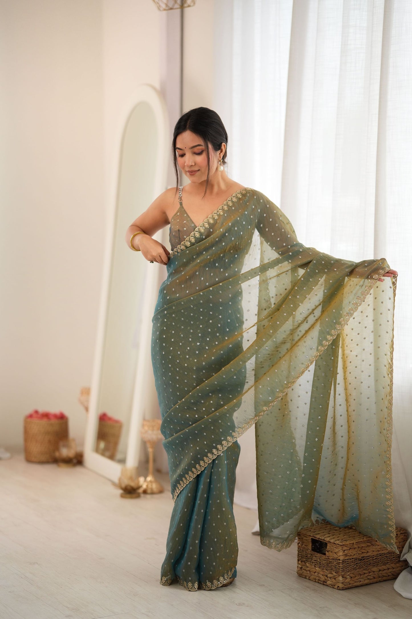 Graceful Olive Green Moss Butti Woven Butti Saree Embroidery Work for Women