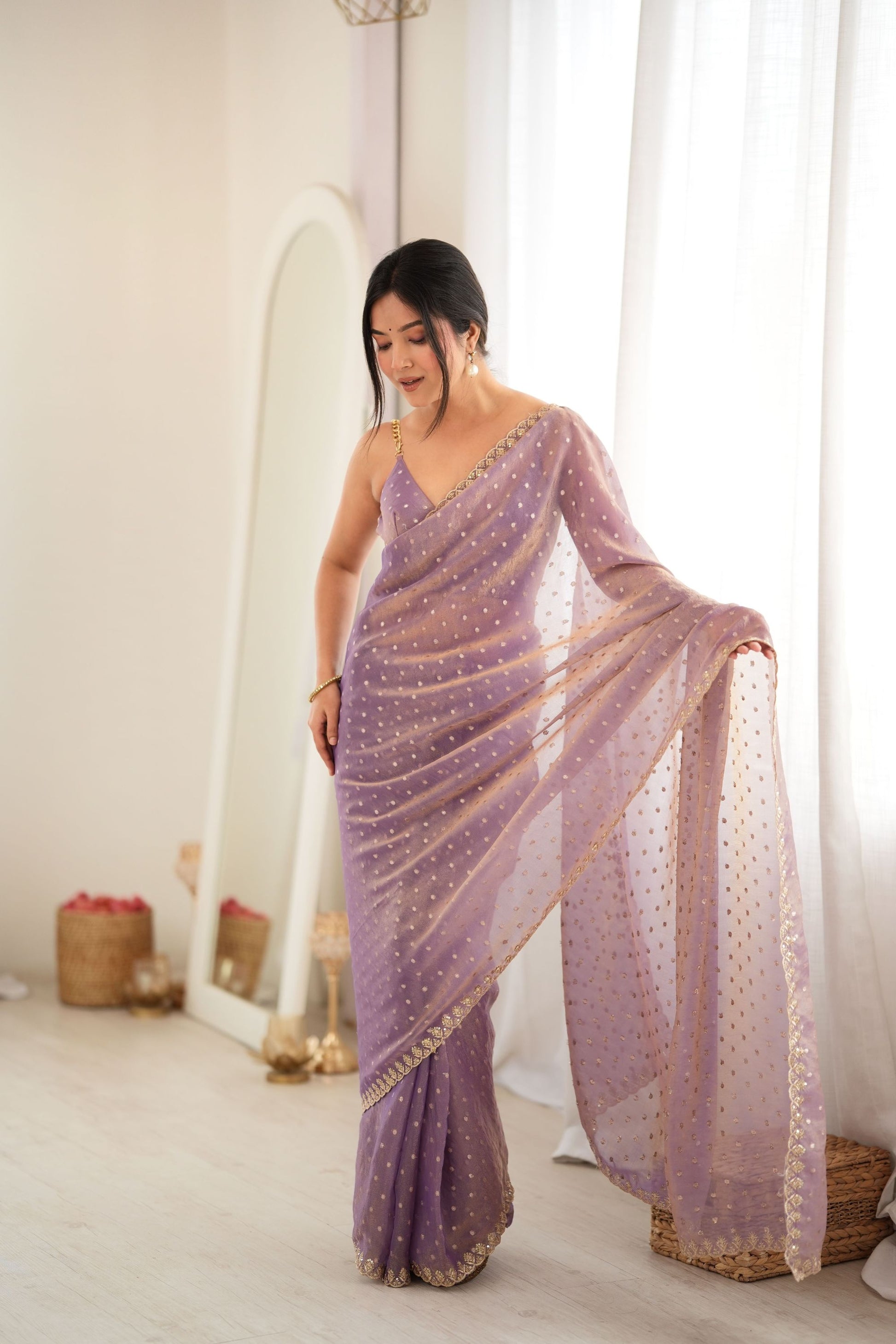 Stylish Lavender Moss Butti Woven Butti Saree Embroidery Work for Women