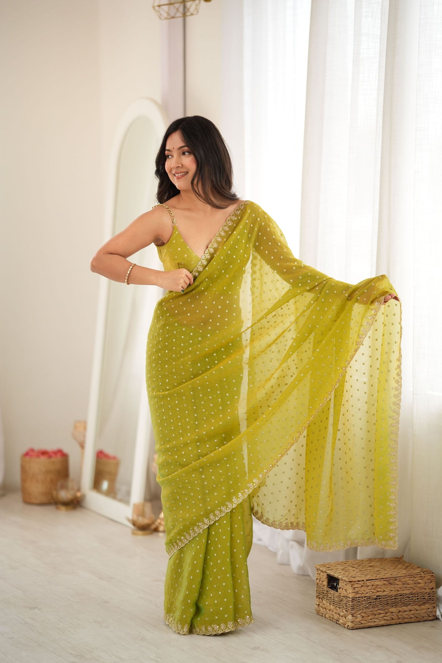 Grateful Olive Green Moss Butti Woven Butti Saree Embroidery Work for Women