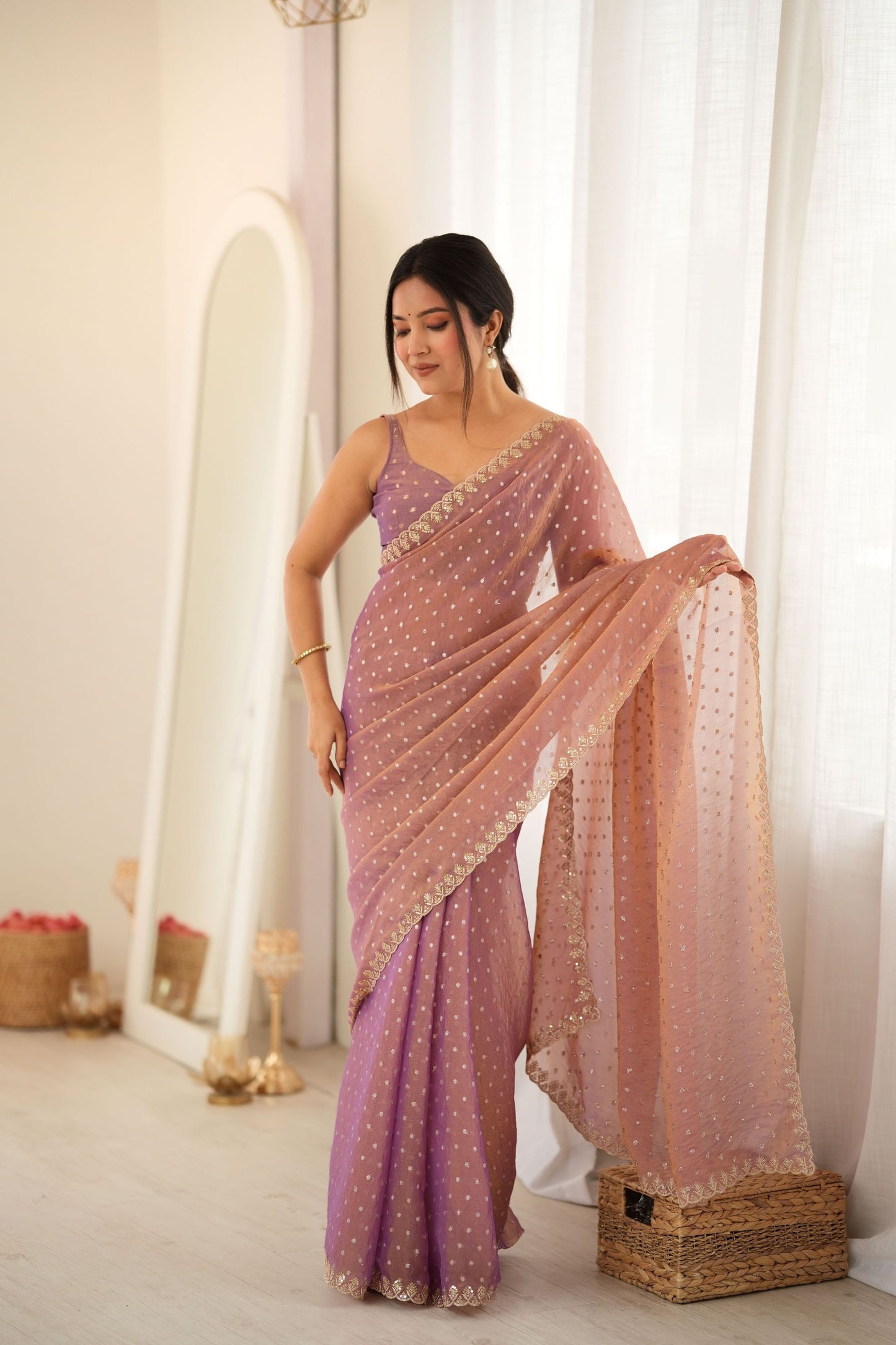 Beautiful Dusty Pink Moss Butti Woven Butti Saree Embroidery Work for Women