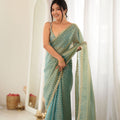 Lovely Sea Green Moss Butti Woven Butti Saree Embroidery Work for Women