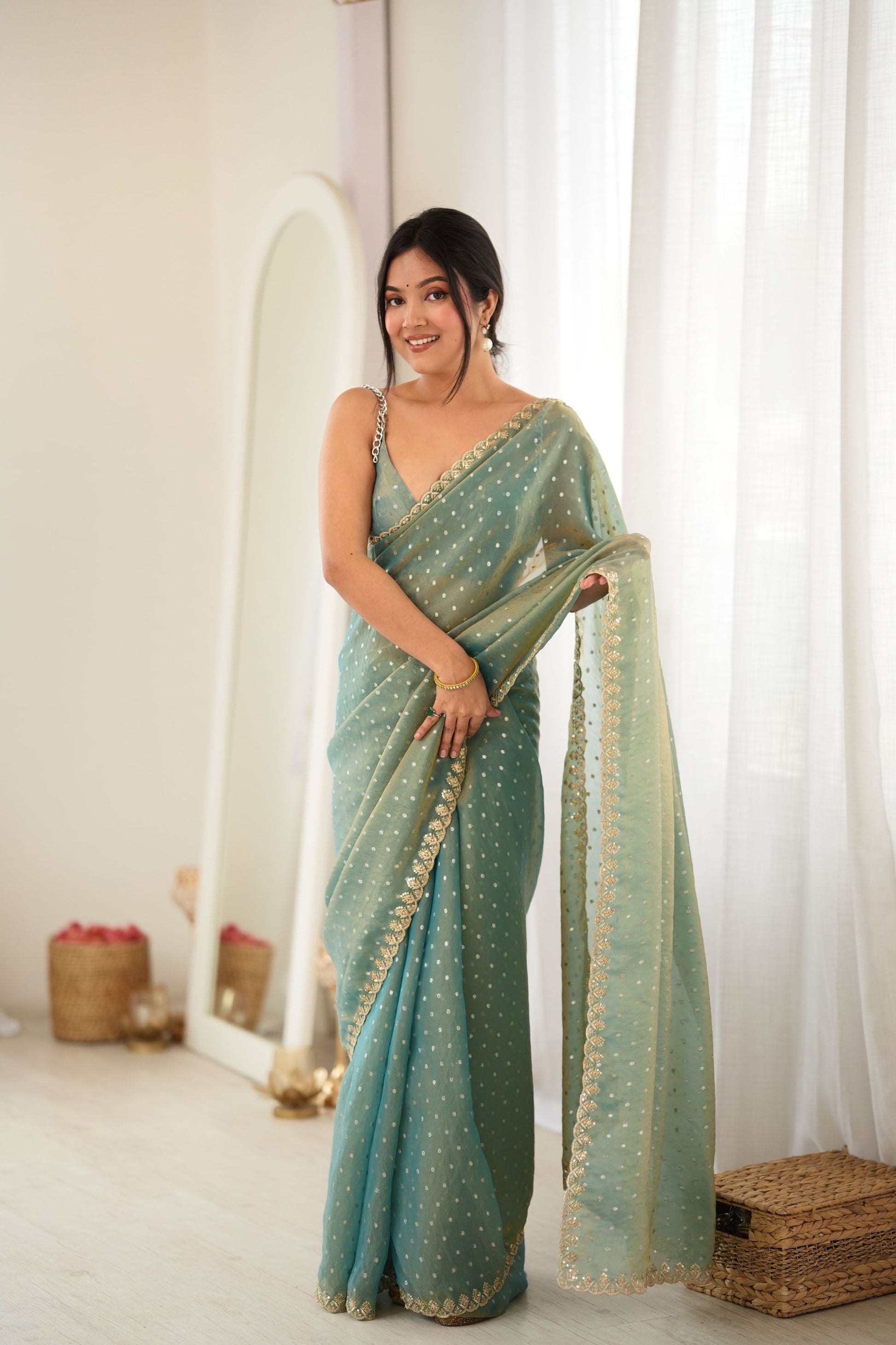 Lovely Sea Green Moss Butti Woven Butti Saree Embroidery Work for Women