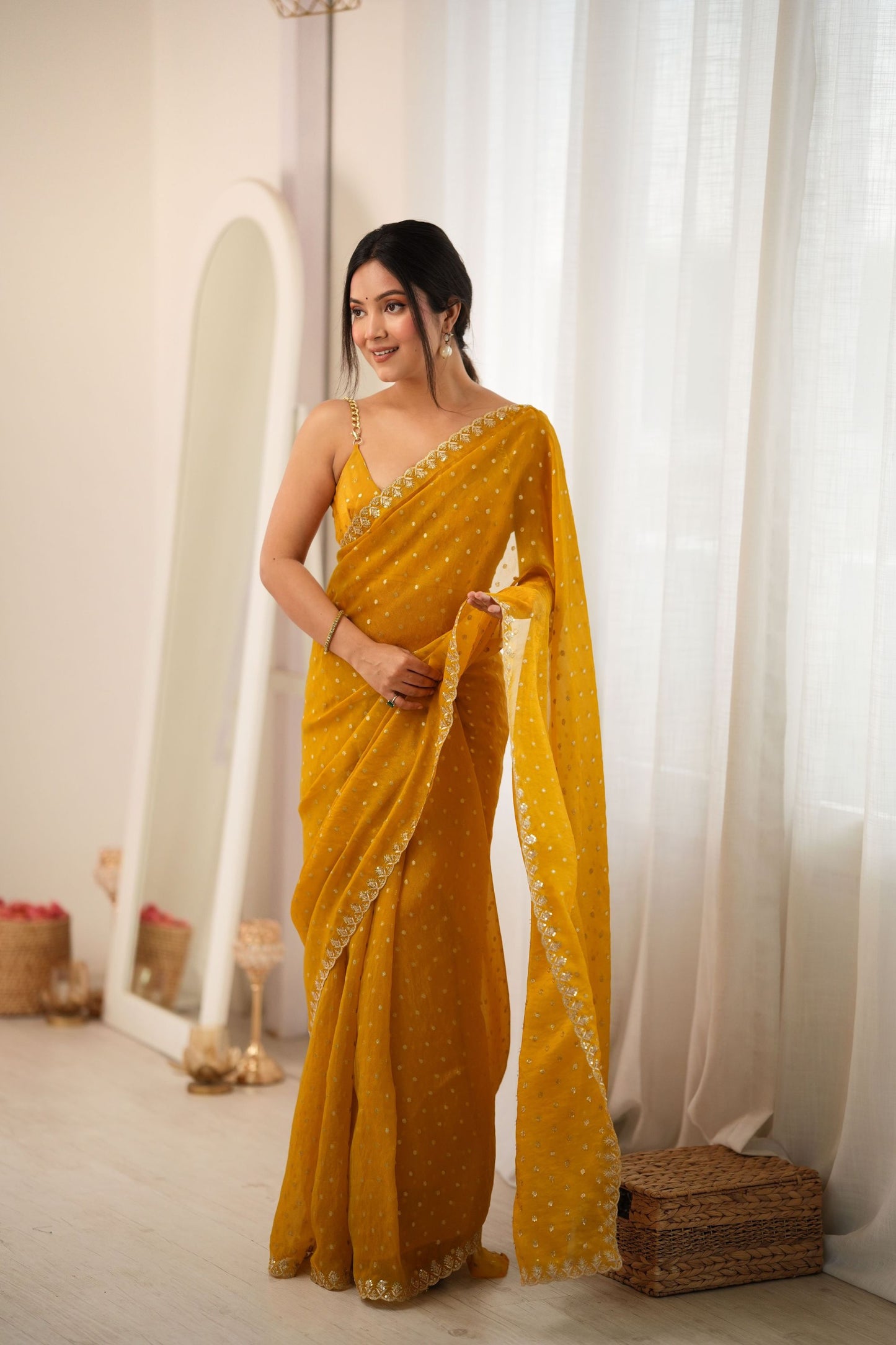 Awesome Mustard Yellow Moss Butti Woven Butti Saree Embroidery Work for Women