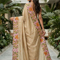 Elegant Beige Manipuri Silk Multi Thread Floral Embroidery Work Saree for Women