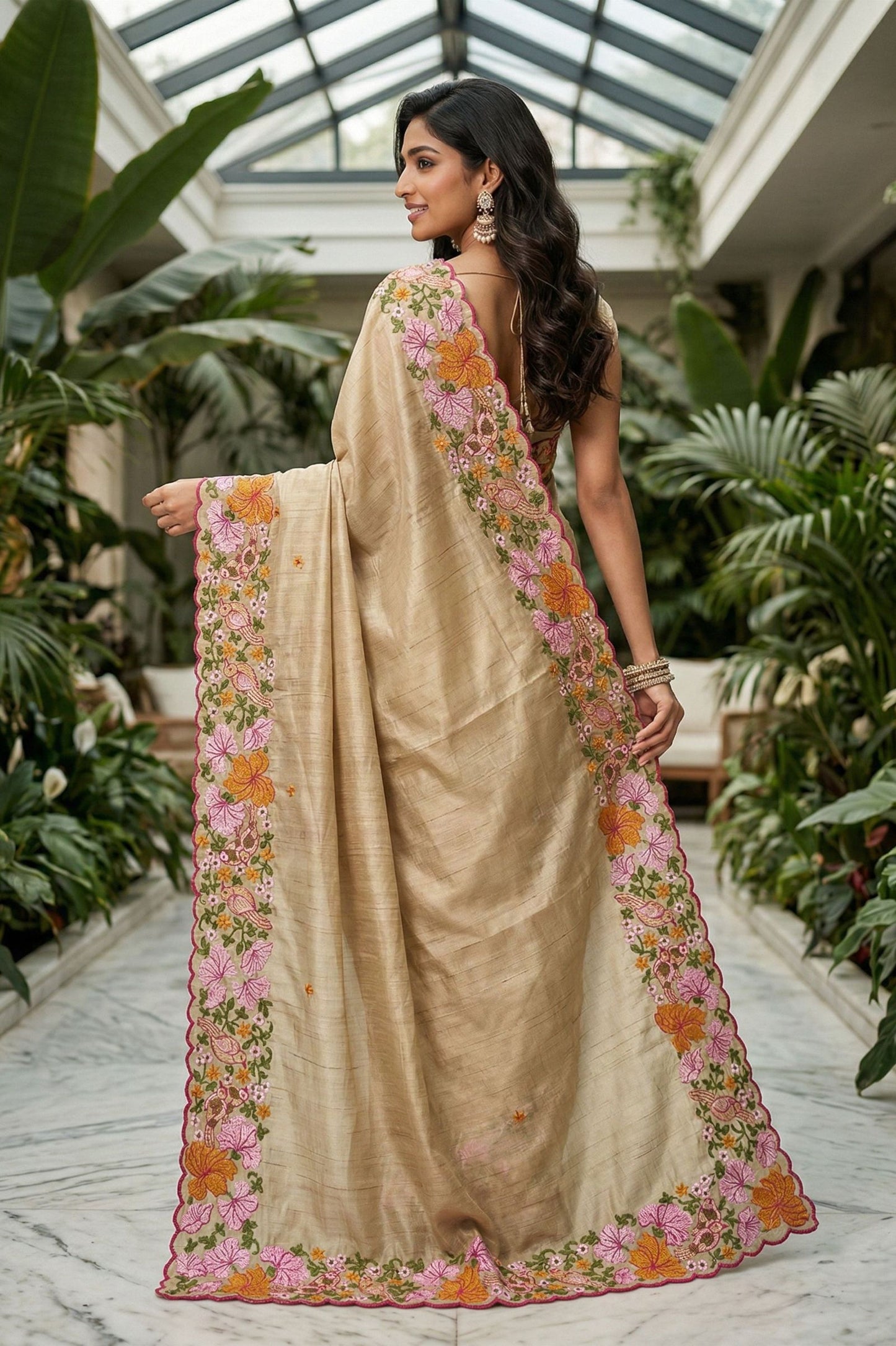 Elegant Beige Manipuri Silk Multi Thread Floral Embroidery Work Saree for Women
