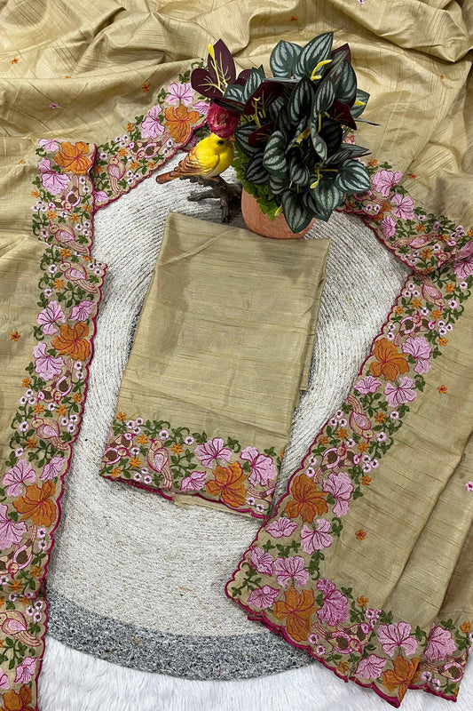 Elegant Beige Manipuri Silk Multi Thread Floral Embroidery Work Saree for Women