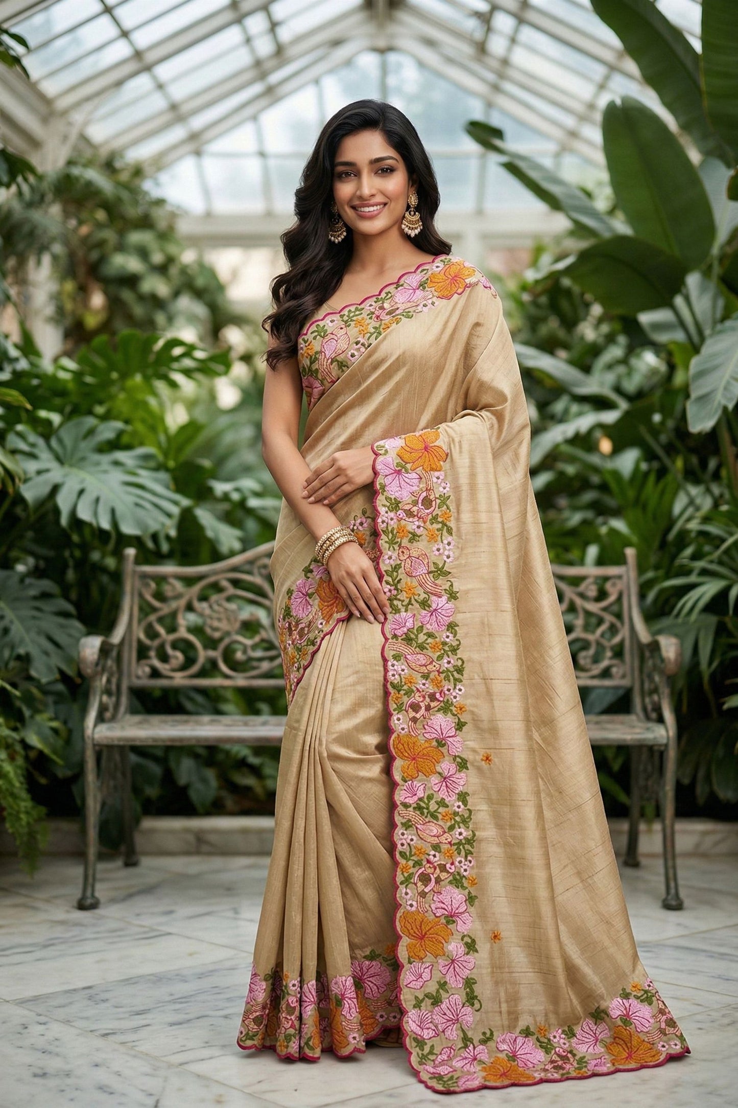 Elegant Beige Manipuri Silk Multi Thread Embroidery Work Saree for Women