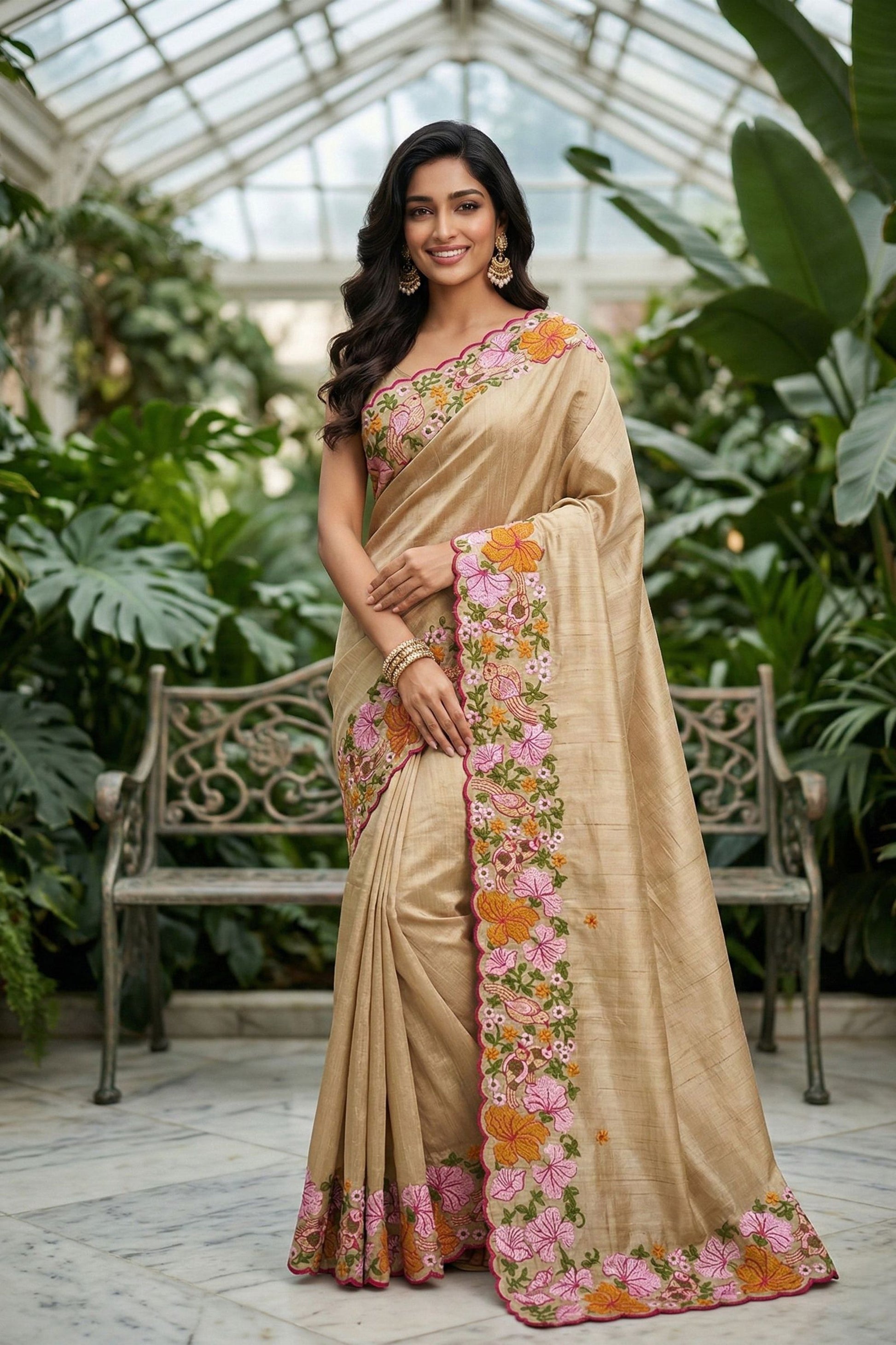 Elegant Beige Manipuri Silk Multi Thread Embroidery Work Saree for Women