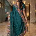 Stylish Teal Blue Manipuri Silk Multi Thread Floral Embroidery Work Saree for Women
