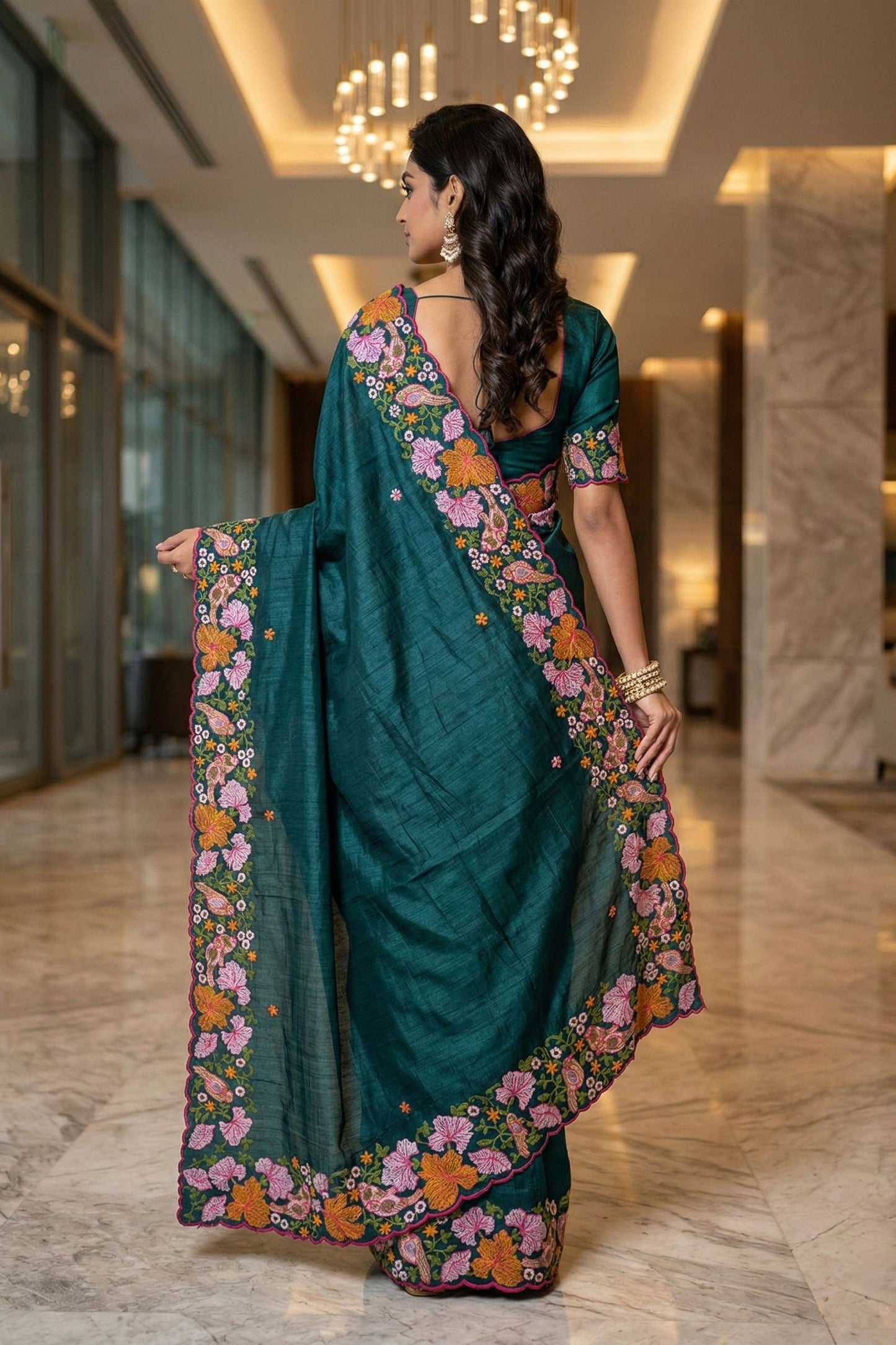 Stylish Teal Blue Manipuri Silk Multi Thread Floral Embroidery Work Saree for Women