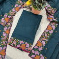 Stylish Teal Blue Manipuri Silk Multi Thread Floral Embroidery Work Saree for Women