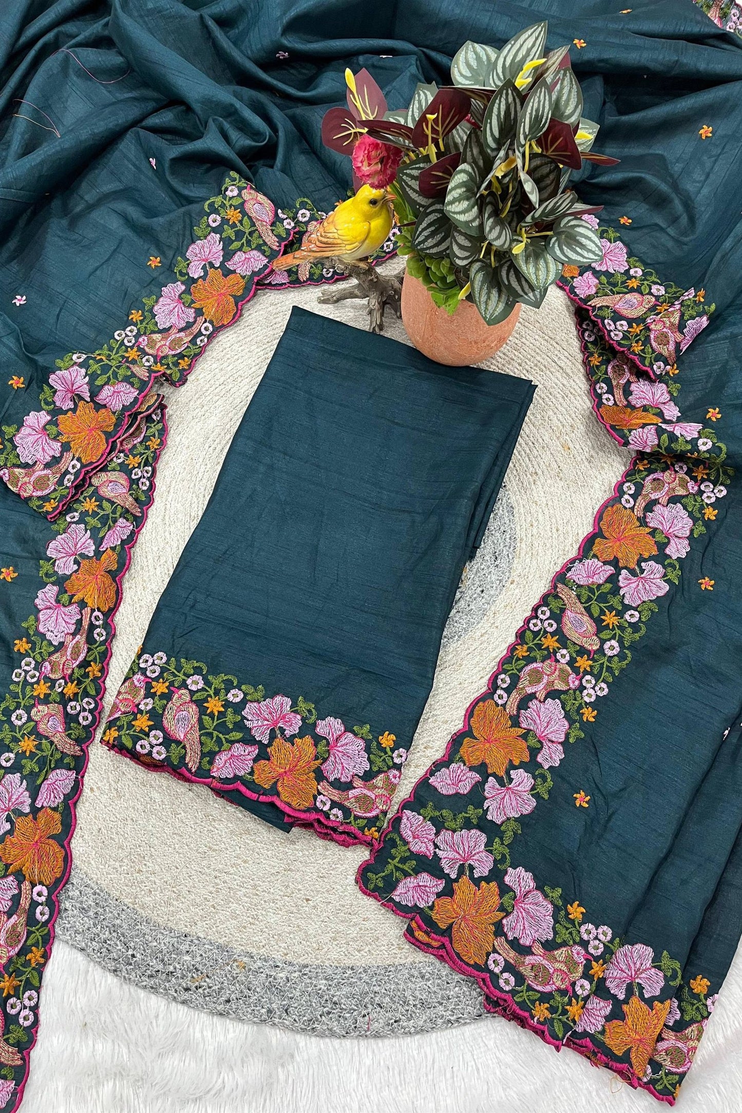 Stylish Teal Blue Manipuri Silk Multi Thread Floral Embroidery Work Saree for Women
