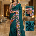 Stylish Teal Blue Manipuri Silk Multi Thread Floral Embroidery Work Saree for Women